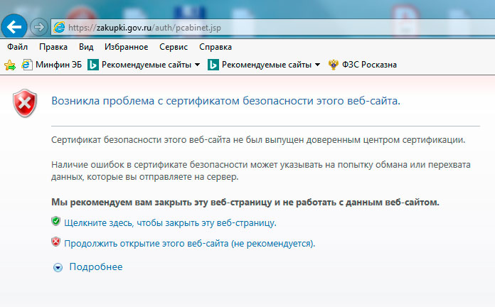 Zakupki.gov.ru (ЕИС в сфере закупок) Возникла проблема с сертификатом безопасности этого веб-сайта